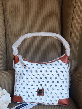 Dooney & Bourke White Logo Shoulder Bag with Brown Trim